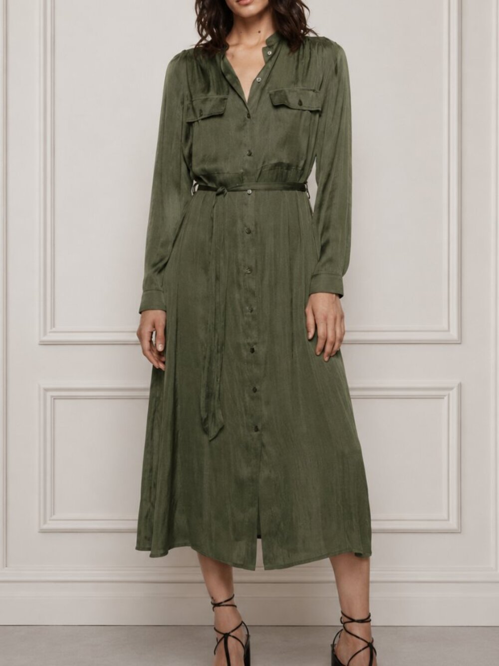 Mango Olive Green Satin Shirt Dress XS, 2 | Long Sleeve Button Front Midi Dress